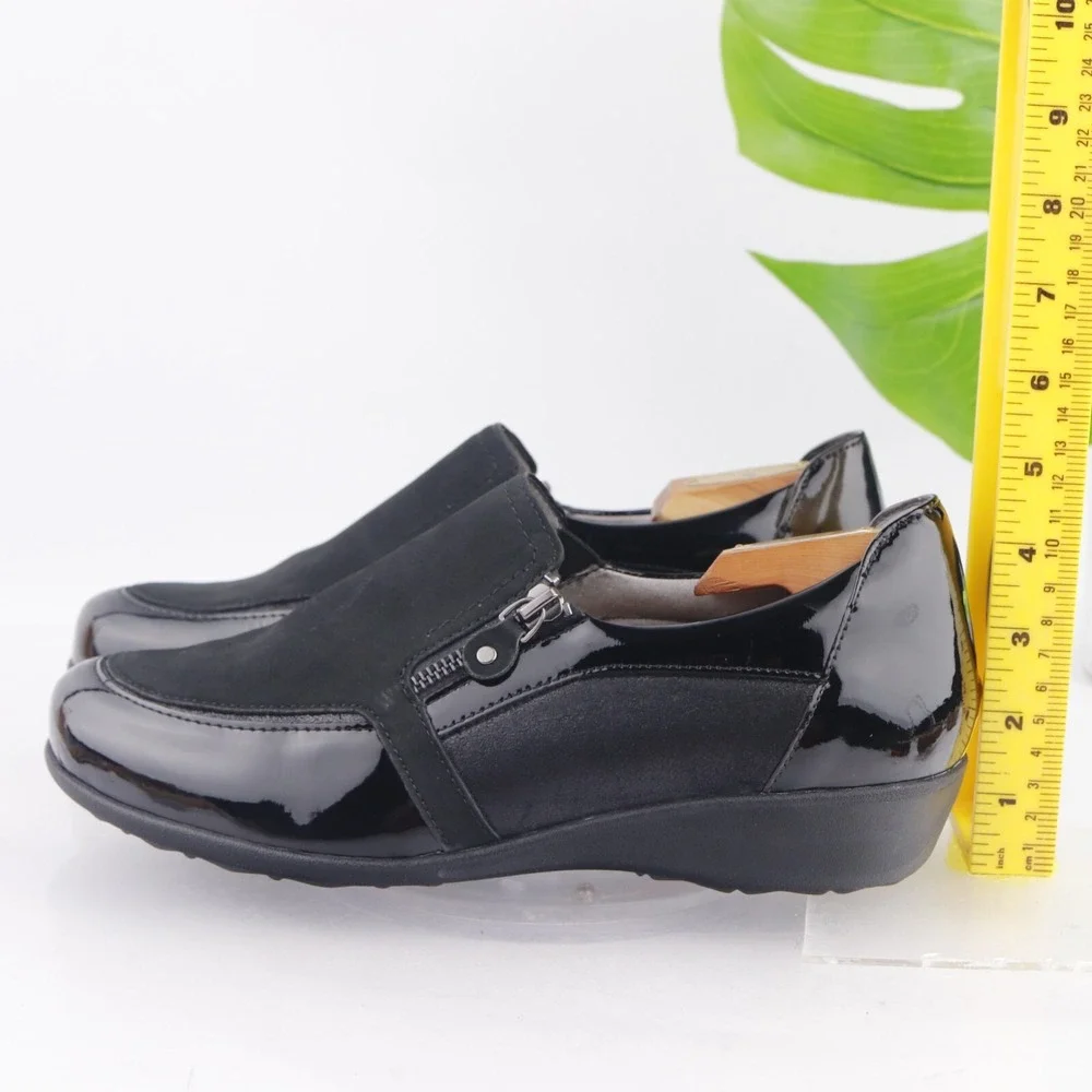 Drew Womens Padua Loafers Size 10 WIDE Black Patent Leather Comfort Shoes Wedge
